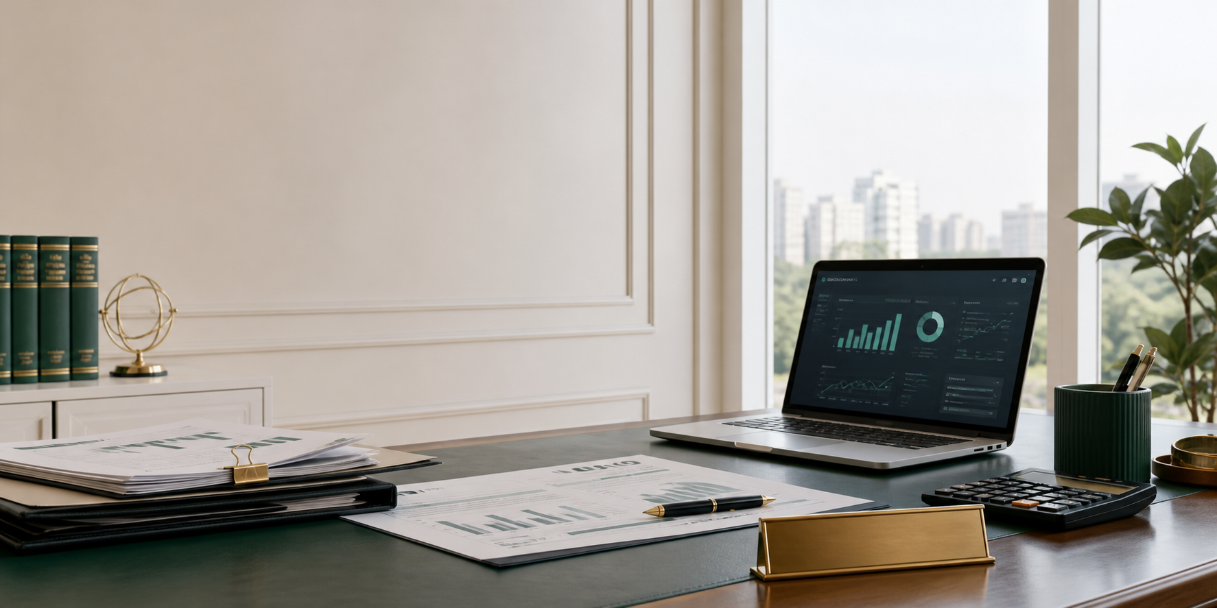 Professional CA office desk with tax documents and accounting tools